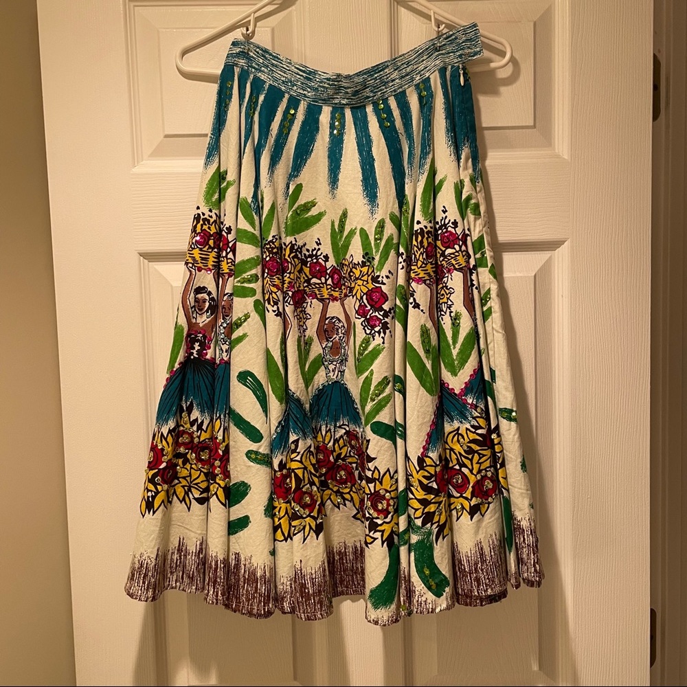 Circle skirt with sequins, fun multi-colored print and side zipper.